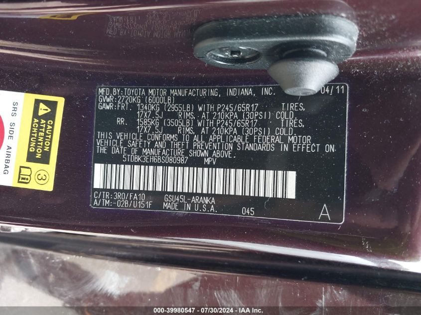 2011 Toyota Highlander Base V6 VIN: 5TDBK3EH6BS080987 Lot: 39980547