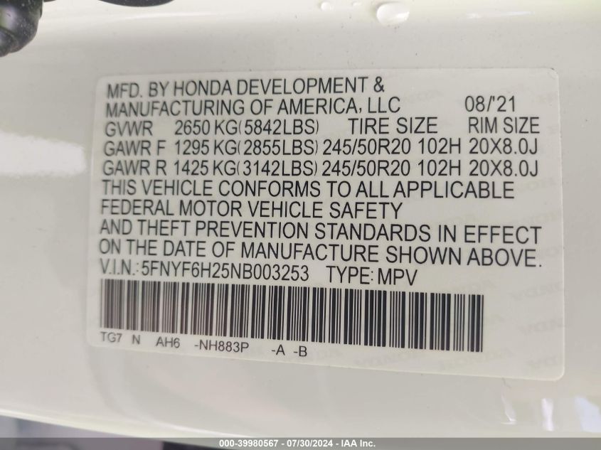 2022 Honda Pilot Awd Special Edition VIN: 5FNYF6H25NB003253 Lot: 39980567