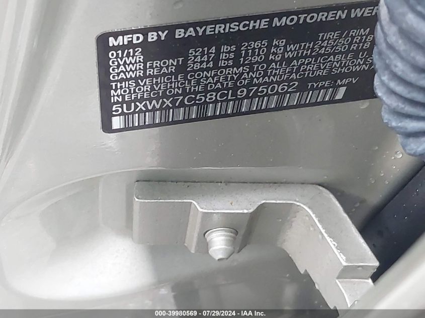 2012 BMW X3 xDrive35I VIN: 5UXWX7C58CL975062 Lot: 39980569