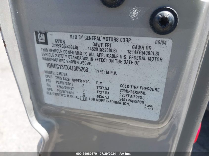 2004 Chevrolet Tahoe Lt VIN: 1GNEC13TX4J305263 Lot: 39980579
