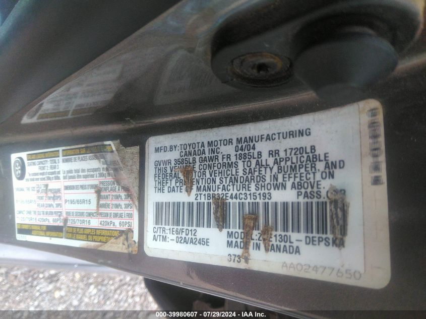 2004 Toyota Corolla S VIN: 2T1BR32E44C315193 Lot: 39980607