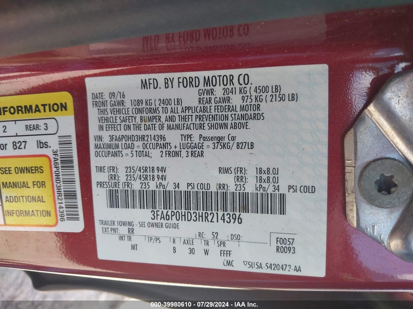 2017 Ford Fusion Se VIN: 3FA6P0HD3HR214396 Lot: 39980610