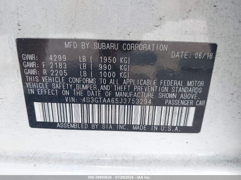 2018 Subaru Impreza 2.0I VIN: 4S3GTAA65J3753294 Lot: 39980628
