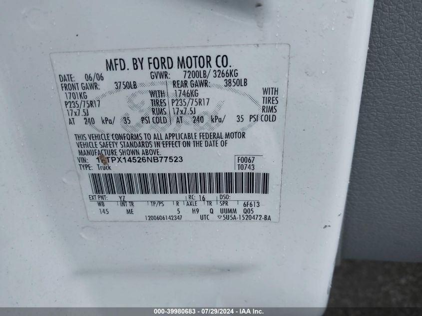 2006 Ford F-150 Fx4/Lariat/Xl/Xlt VIN: 1FTPX14526NB77523 Lot: 39980683