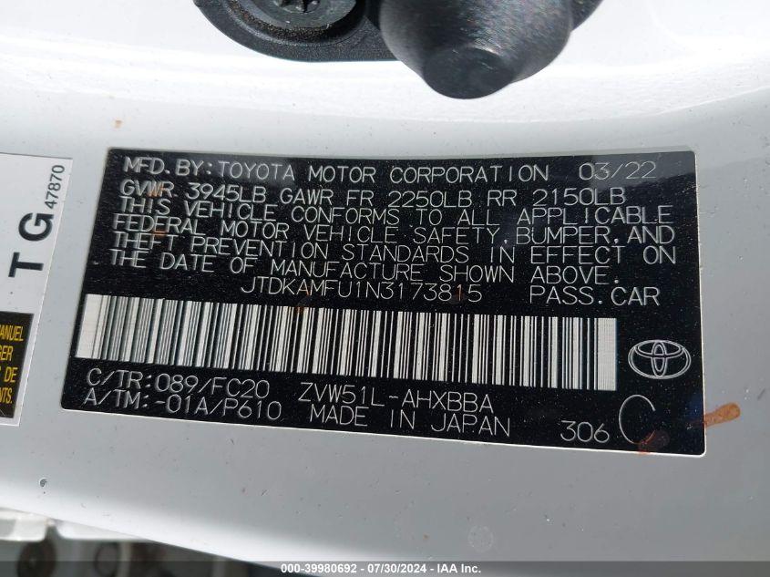 2022 Toyota Prius L VIN: JTDKAMFU1N3173815 Lot: 39980692