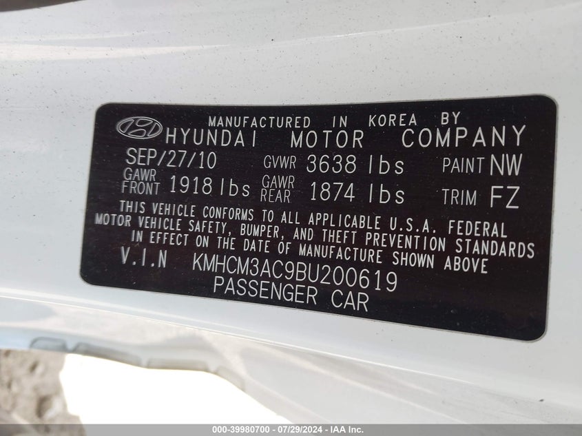 2011 Hyundai Accent Gl VIN: KMHCM3AC9BU200619 Lot: 39980700