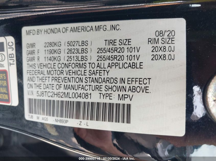 2021 Acura Rdx A-Spec Package VIN: 5J8TC2H62ML004081 Lot: 39980715