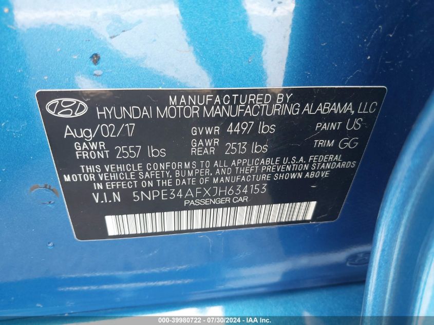 2018 Hyundai Sonata Sel VIN: 5NPE34AFXJH634153 Lot: 39980722