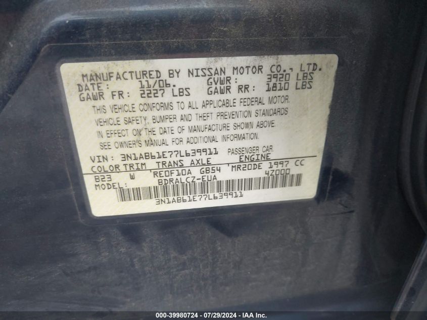 2007 Nissan Sentra 2.0 VIN: 3N1AB61E77L639911 Lot: 39980724