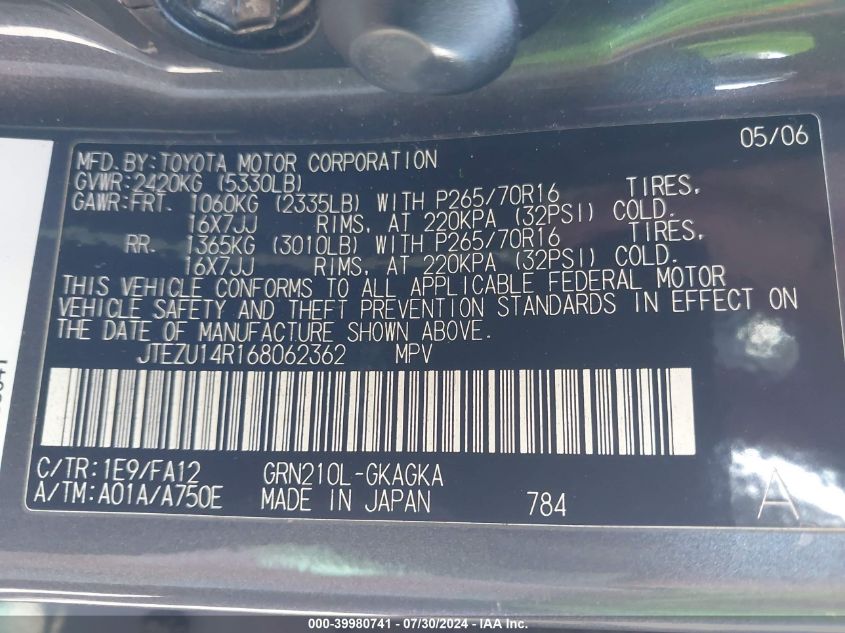 2006 Toyota 4Runner Sr5 V6 VIN: JTEZU14R168062362 Lot: 39980741