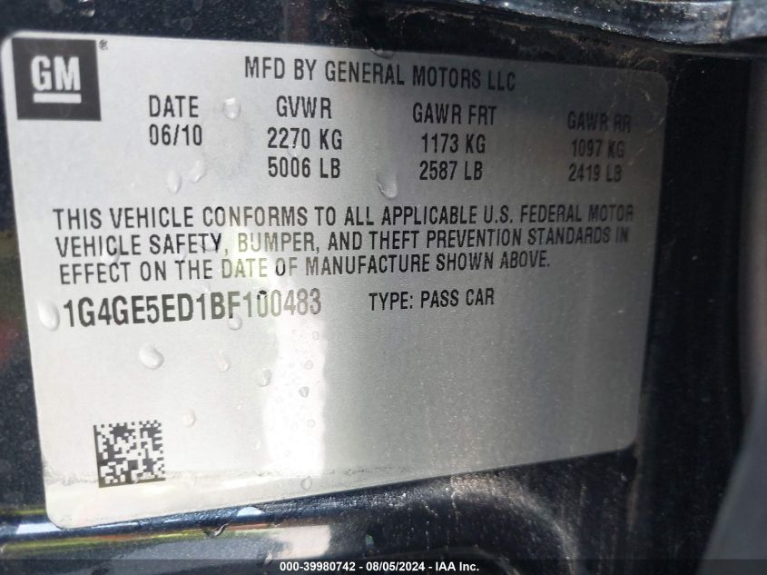 2011 Buick Lacrosse Cxs VIN: 1G4GE5ED1BF100483 Lot: 39980742