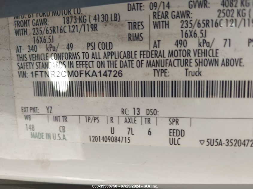 2015 Ford Transit-250 T-250 VIN: 1FTNR2CM0FKA14726 Lot: 39980750