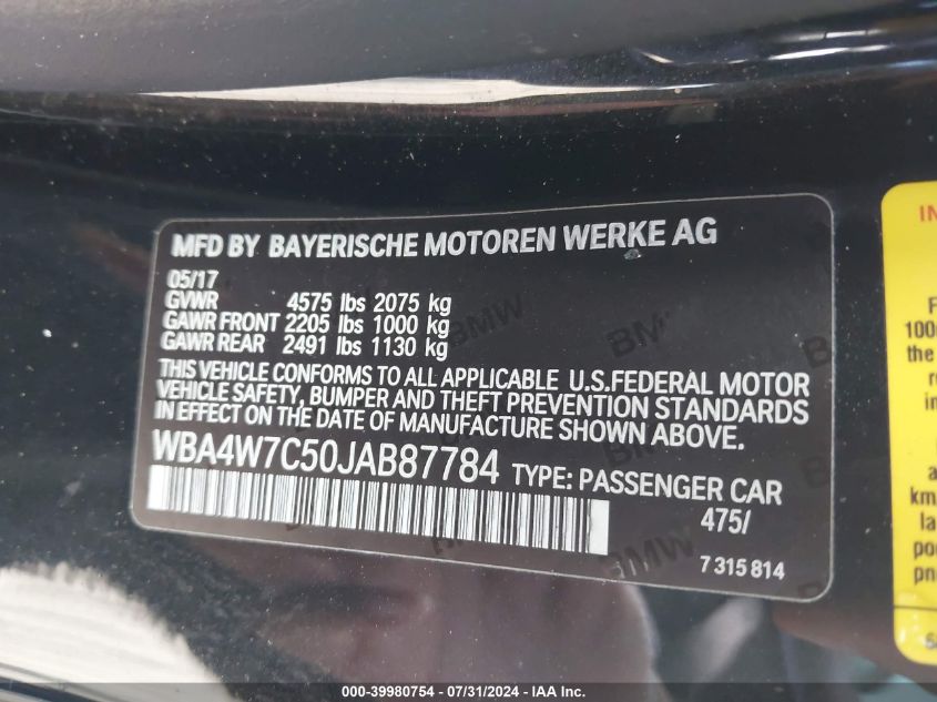 2018 BMW 440I VIN: WBA4W7C50JAB87784 Lot: 39980754