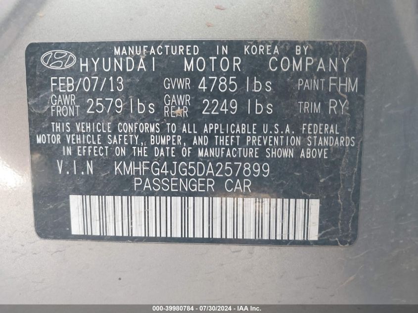 2013 Hyundai Azera VIN: KMHFG4JG5DA257899 Lot: 39980784