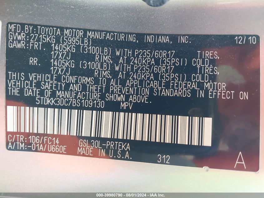 2011 Toyota Sienna Le V6 VIN: 5TDKK3DC7BS109130 Lot: 39980790