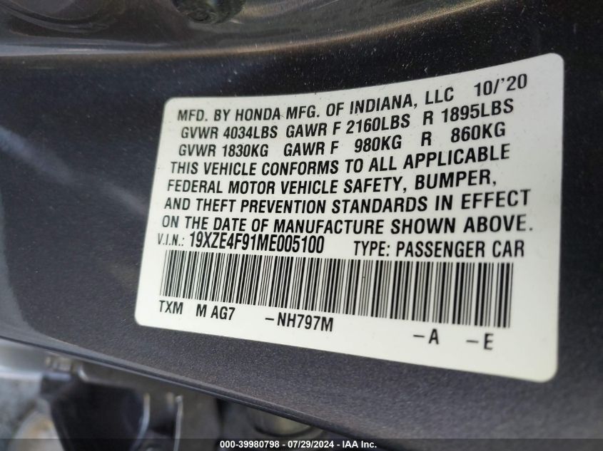 2021 Honda Insight Touring VIN: 19XZE4F91ME005100 Lot: 39980798