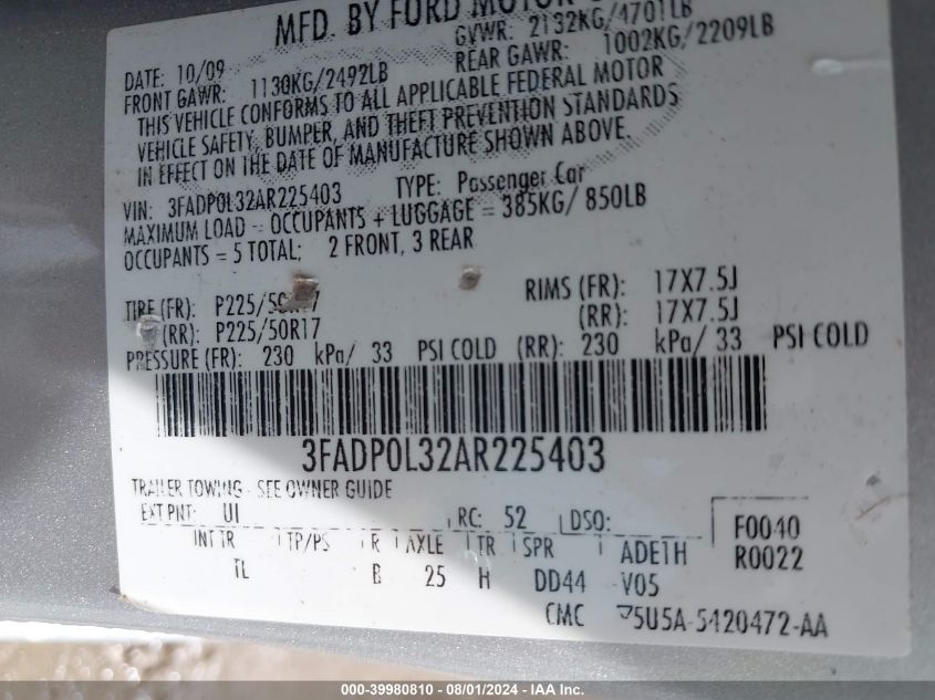 2010 Ford Fusion Hybrid Hybrid VIN: 3FADP0L32AR225403 Lot: 39980810