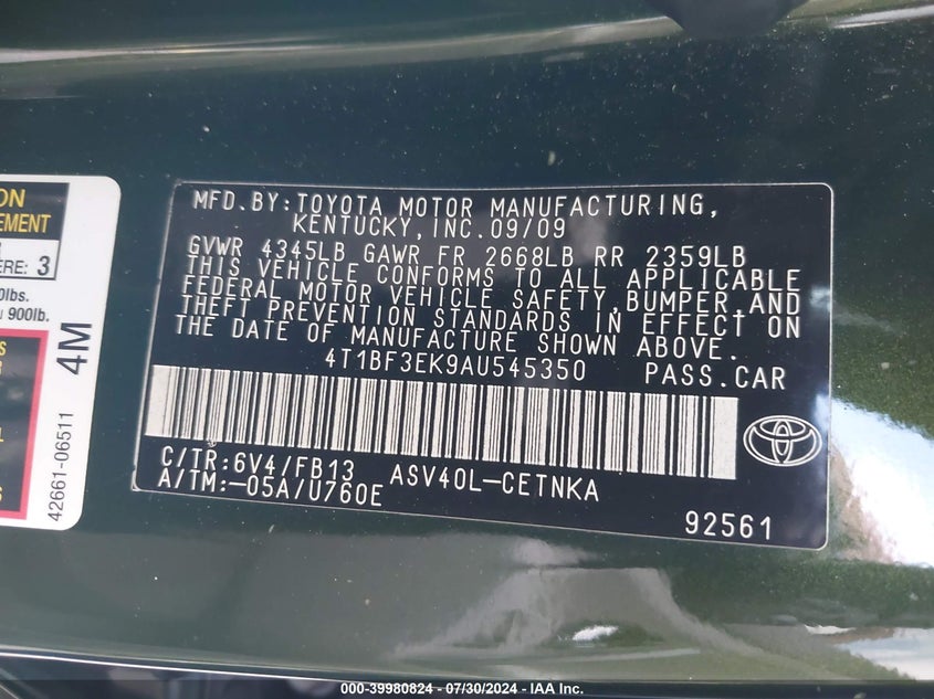 2010 Toyota Camry Le VIN: 4T1BF3EK9AU545350 Lot: 39980824