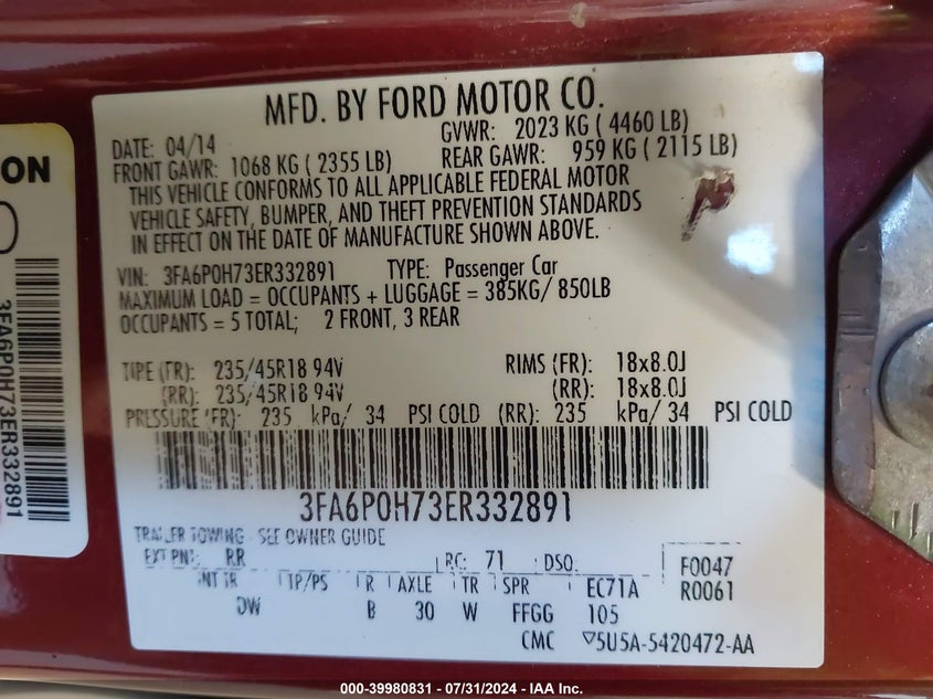 2014 Ford Fusion Se VIN: 3FA6P0H73ER332891 Lot: 39980831