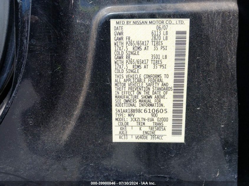 2008 Nissan Pathfinder Se VIN: 5N1AR18B98C610605 Lot: 39980846