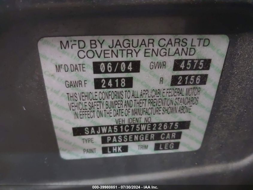 2005 Jaguar X-Type 3.0 VIN: SAJWA51C75WE22675 Lot: 39980851