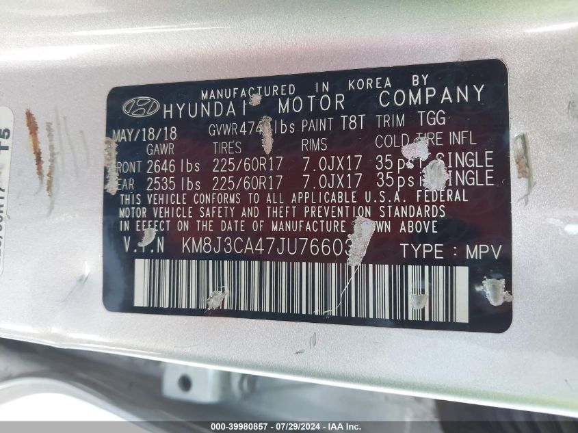 2018 Hyundai Tucson Sel VIN: KM8J3CA47JU766036 Lot: 39980857