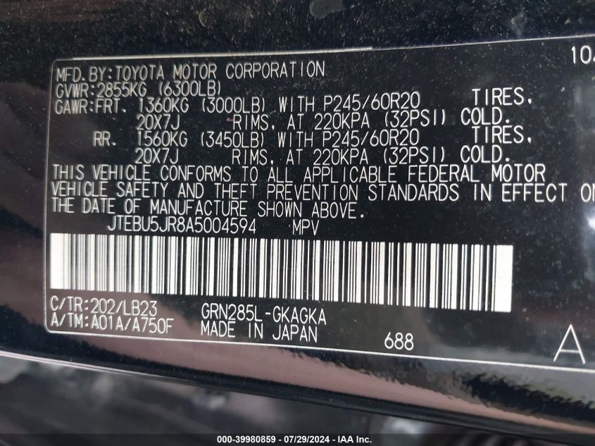 2010 Toyota 4Runner Limited V6 VIN: JTEBU5JR8A5004594 Lot: 39980859