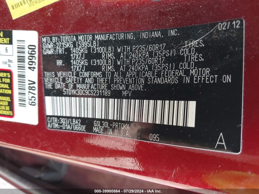 2012 Toyota Sienna Xle V6 8 Passenger VIN: 5TDYK3DC9CS231189 Lot: 39980864