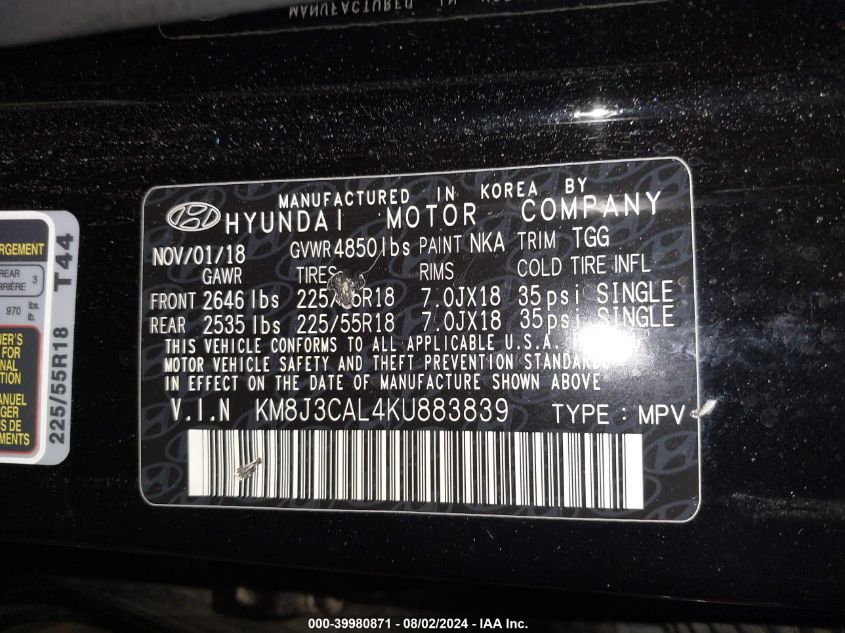 KM8J3CAL4KU883839 2019 Hyundai Tucson Sel