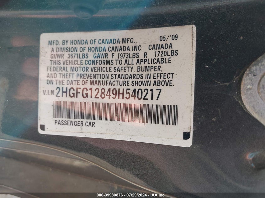 2009 Honda Civic Ex VIN: 2HGFG12849H540217 Lot: 39980876
