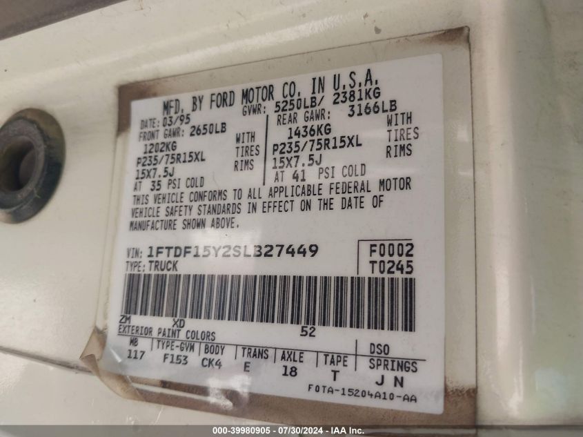 1995 Ford F150 VIN: 1FTDF15Y2SLB27449 Lot: 39980905