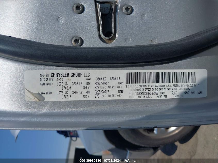 2011 Dodge Ram 1500 VIN: 1D7RB1GK9BS567996 Lot: 39980930