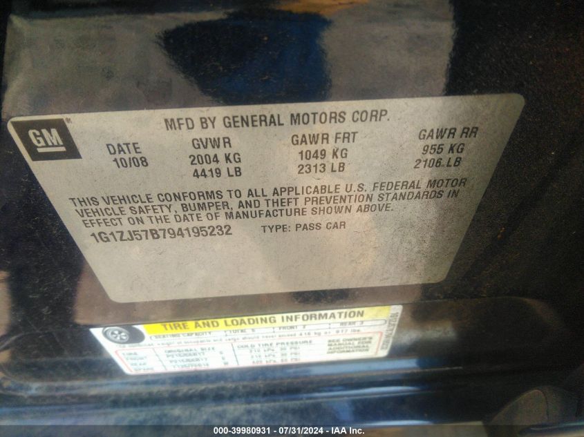 2009 Chevrolet Malibu Lt VIN: 1G1ZJ57B794195232 Lot: 39980931