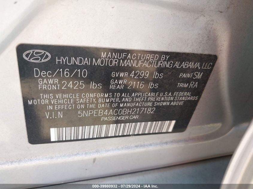 5NPEB4AC0BH217182 2011 Hyundai Sonata Gls