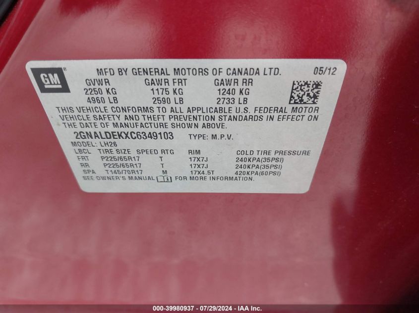 2012 Chevrolet Equinox 1Lt VIN: 2GNALDEKXC6349103 Lot: 39980937