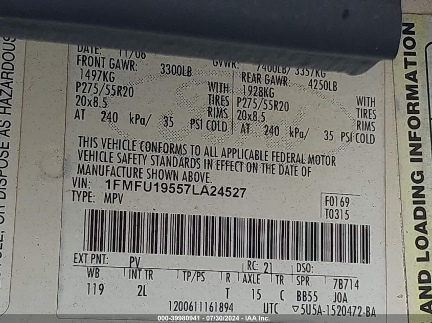 2007 Ford Expedition Limited VIN: 1FMFU19557LA24527 Lot: 39980941