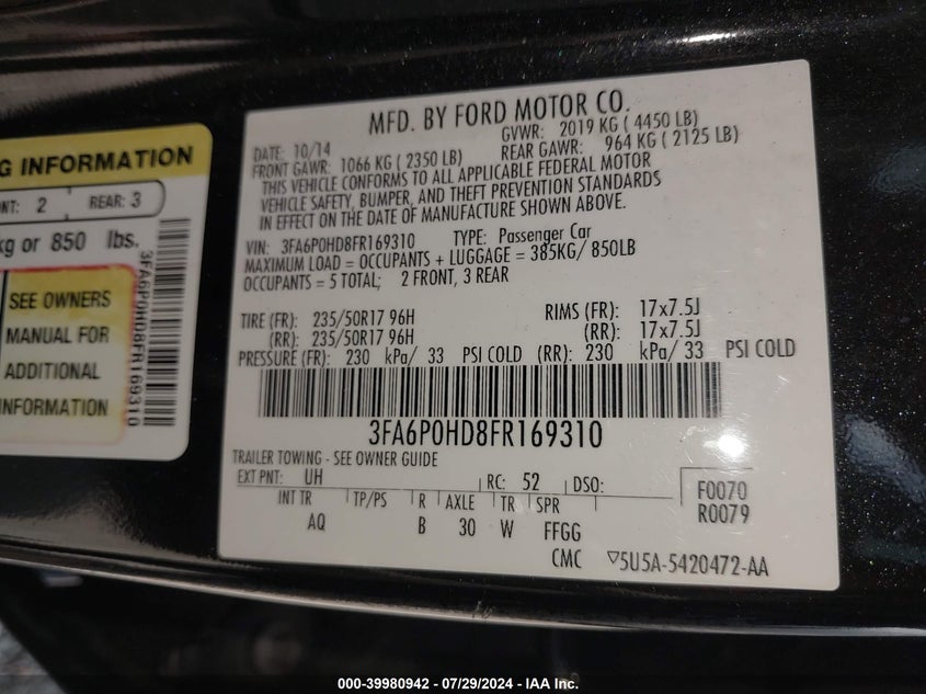 2015 Ford Fusion Se VIN: 3FA6P0HD8FR169310 Lot: 39980942