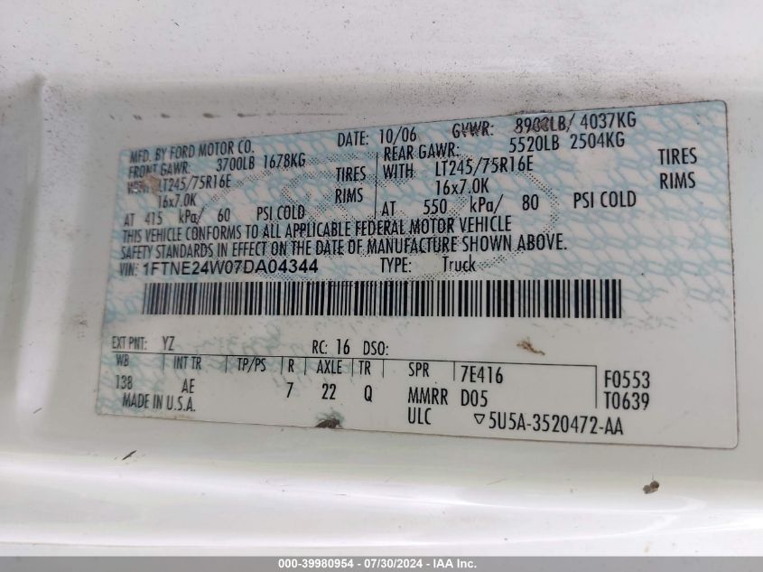 2007 Ford E-250 Commercial/Recreational VIN: 1FTNE24W07DA04344 Lot: 39980954