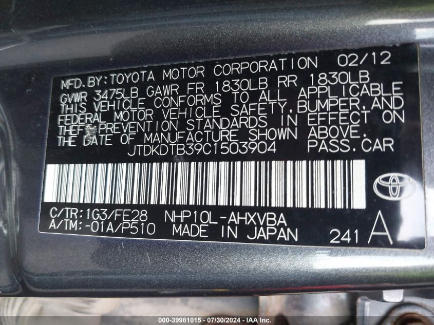 2012 Toyota Prius C One VIN: JTDKDTB39C1503904 Lot: 39981015