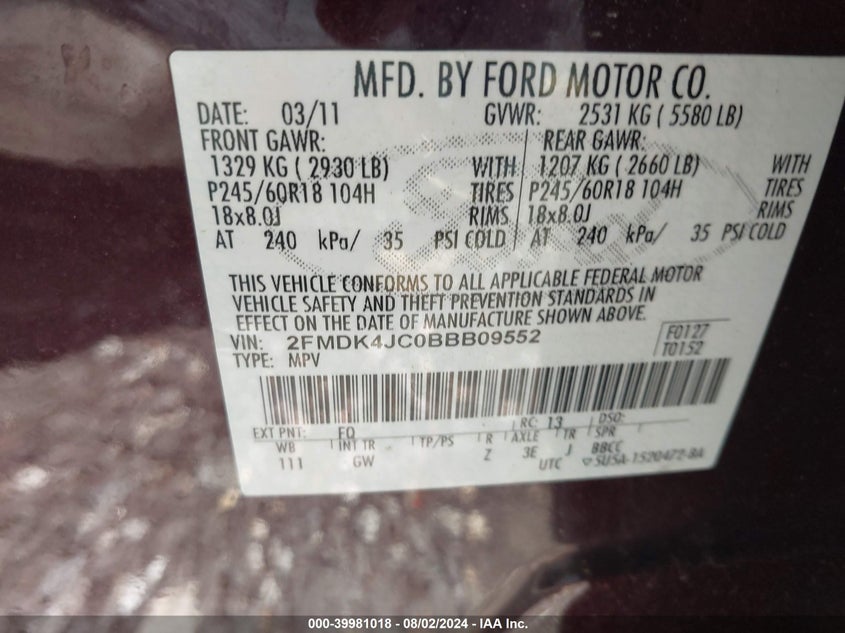 2011 Ford Edge Sel VIN: 2FMDK4JC0BBB09552 Lot: 39981018