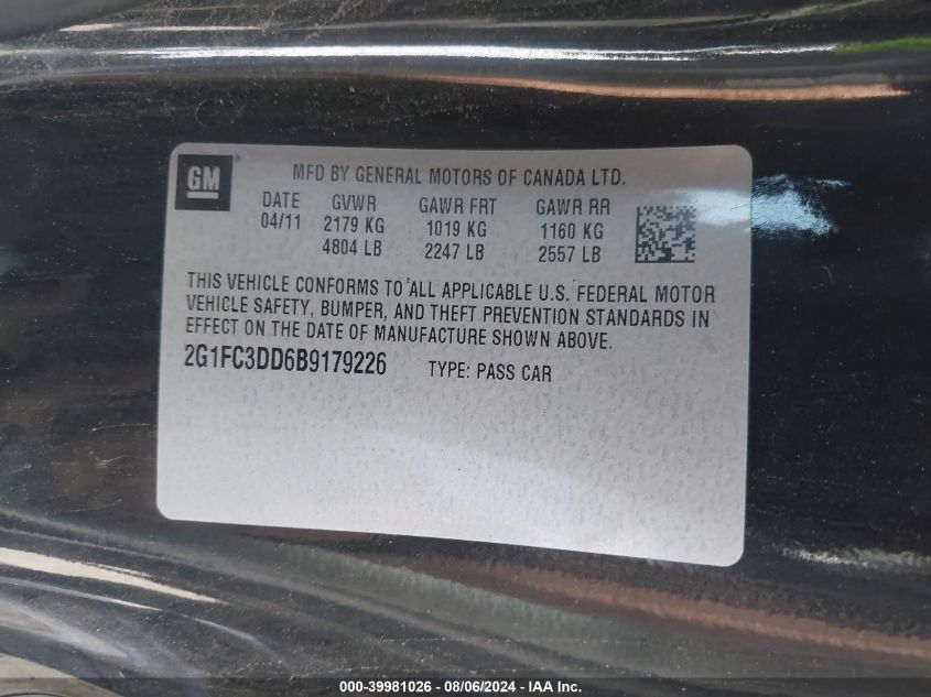 2011 Chevrolet Camaro 2Lt VIN: 2G1FC3DD6B9179226 Lot: 39981026
