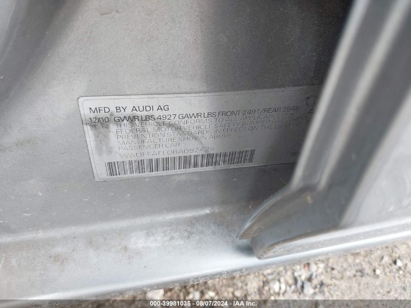2011 Audi A4 2.0T Premium VIN: WAUFFAFL0BA092429 Lot: 39981035