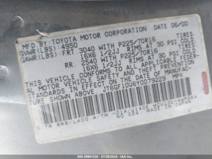 2000 Lexus Rx 300 300 VIN: JT6GF10U6Y0079229 Lot: 39981038