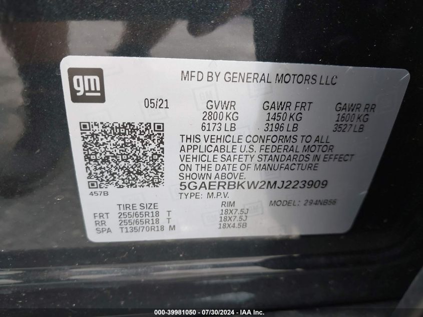 2021 Buick Enclave Fwd Essence VIN: 5GAERBKW2MJ223909 Lot: 39981050