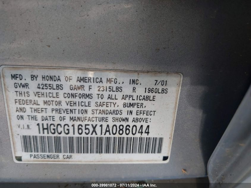 1HGCG165X1A086044 2001 Honda Accord 3.0 Ex