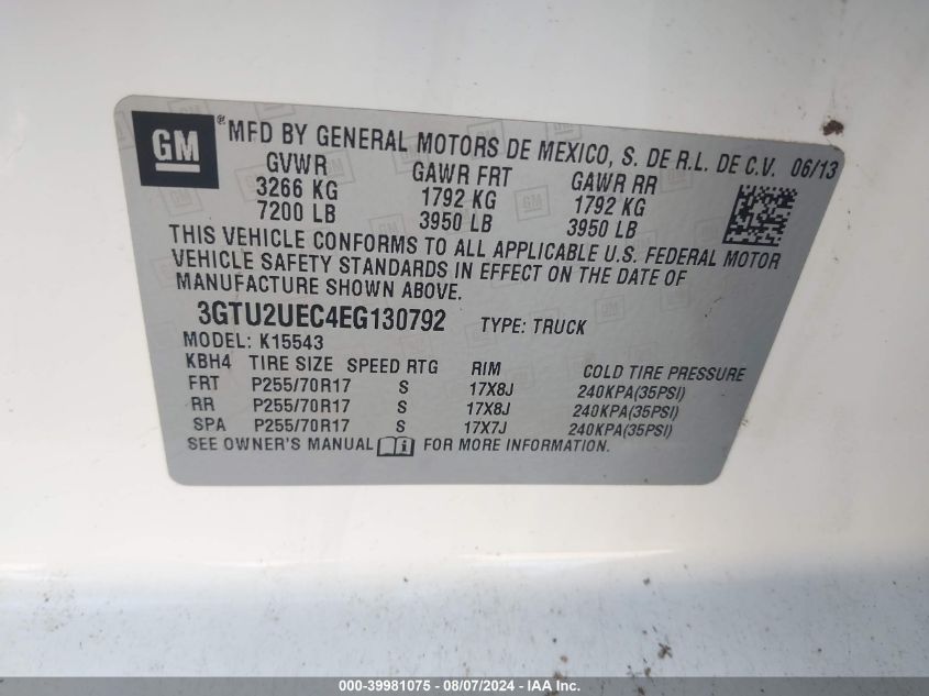 3GTU2UEC4EG130792 2014 GMC Sierra 1500 Sle