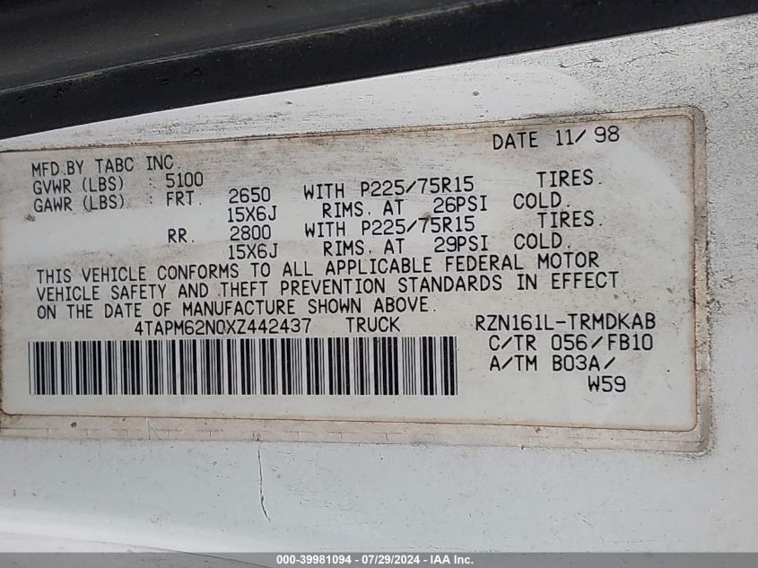 1999 Toyota Tacoma VIN: 4TAPM62N0XZ442437 Lot: 39981094