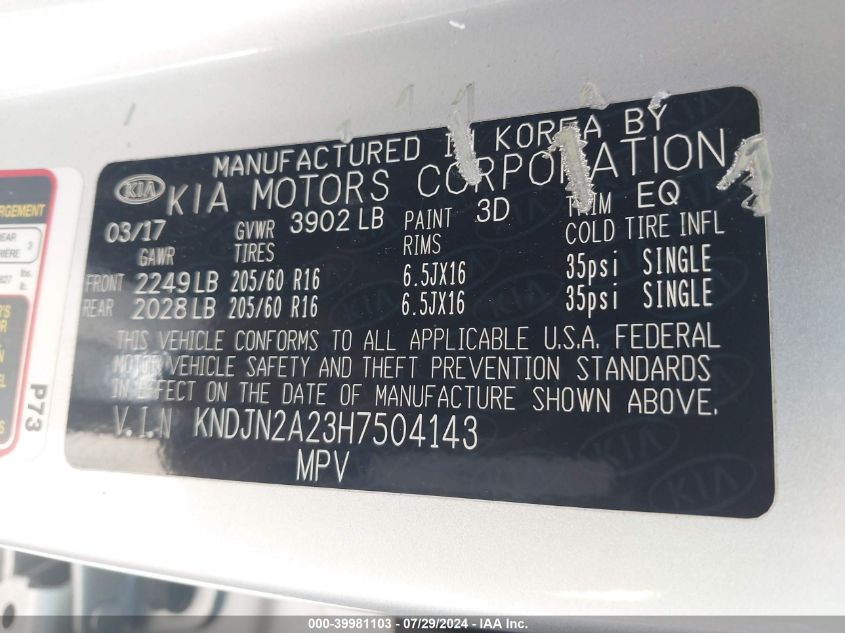 2017 Kia Soul VIN: KNDJN2A23H7504143 Lot: 39981103