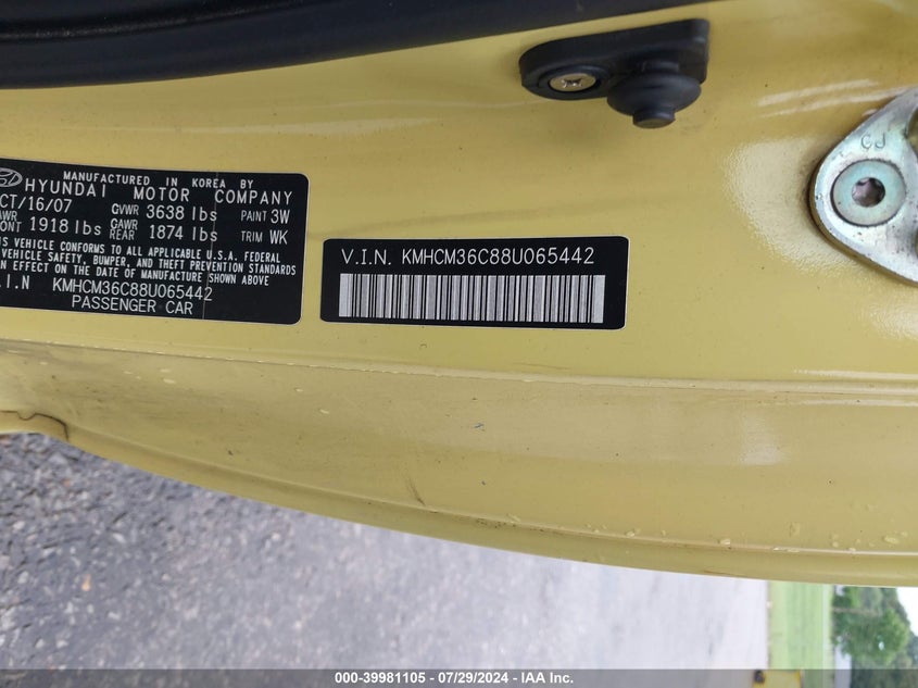 2008 Hyundai Accent Gs VIN: KMHCM36C88U065442 Lot: 39981105