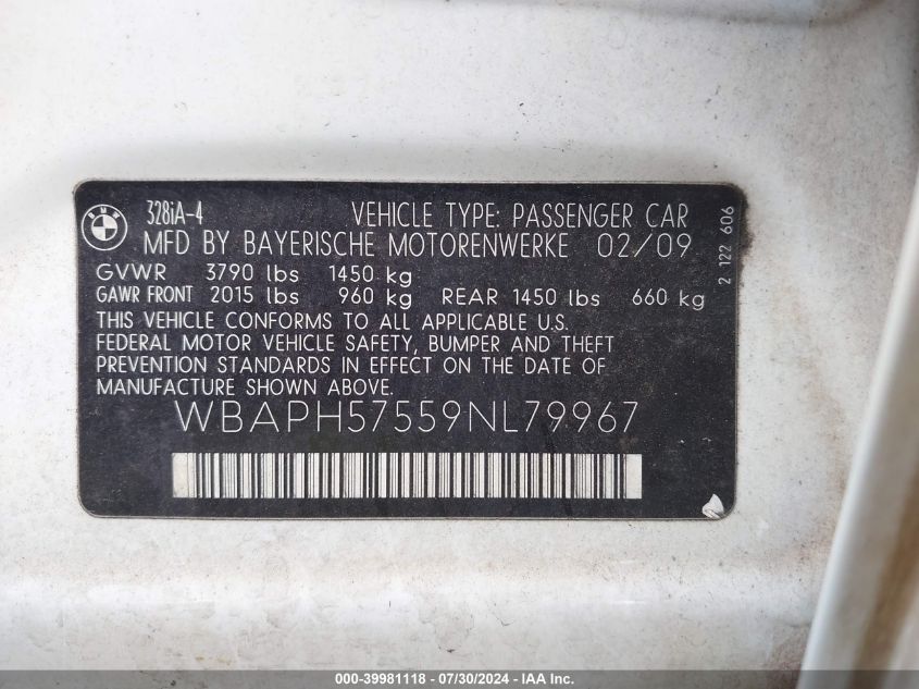 2009 BMW 328I VIN: WBAPH57559NL79967 Lot: 39981118